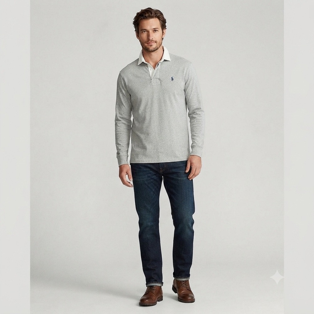 Polo Ralph Lauren Mens Size Large Long Sleeve Rugby Shirt Gray White Collar